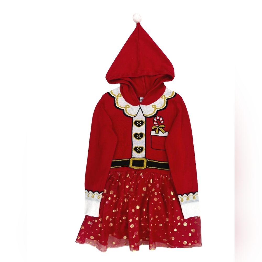 Girls Red Gold Christmas Santa Claus Festive Holiday Sweater Dress sz med
